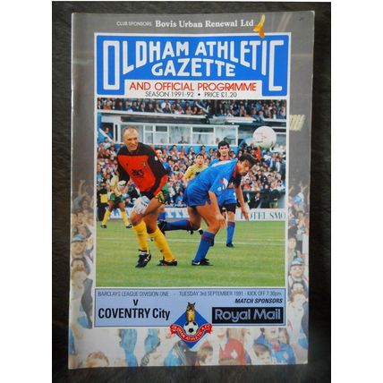 Oldham Athletic v Coventry City FC Match Programme, 3rd September 1991, 1991/92