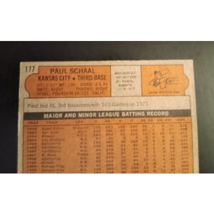 Topps 1972 # 177 Paul Schaal 3rd Base Royals 6.0 Excellent/Mint Condition