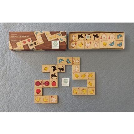CHILDRENS VINTAGE WOODEN ANIMAL DOMINOES 28 PIECES w BUG & BUTTERFLY CAT DUCK +