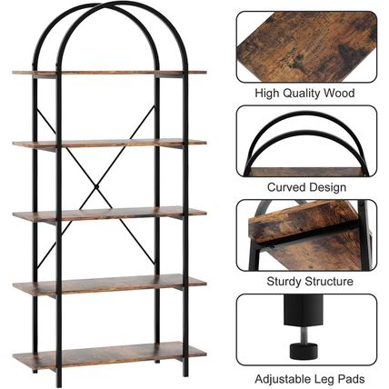 Arched Bookshelf 5 Tier Book Shelf, 31.5 Inch Width Industrial Arch Bookcase, Cu