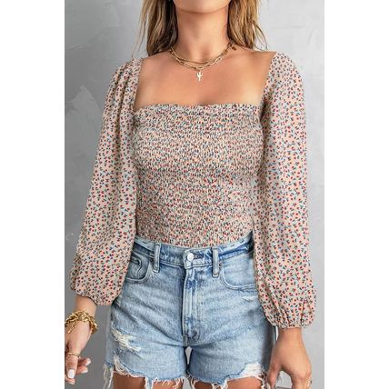 Apricot Square Neck Puff Sleeve Floral Smocked Top