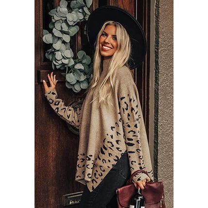 Khaki Leopard High Neck Side Slit Oversized Sweater
