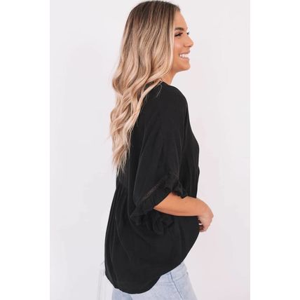 Black Ruffled Lace Detail Loose V Neck Top