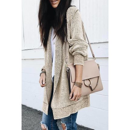 Apricot Plaid Knitted Long Open Front Cardigan
