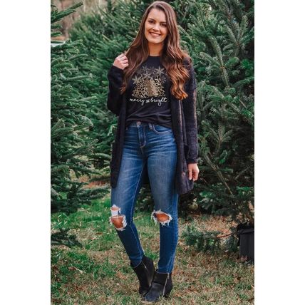 Black Leopard Christmas Tree Graphic Print Crew Neck T Shirt
