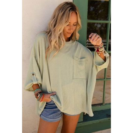 Green Ribbed Roll-tab Sleeve Chest Pocket Oversize Top