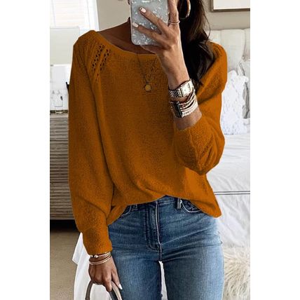 Brown Long Sleeve Cutout Shoulder Relaxed Sweater