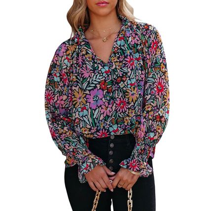 Multicolor Floral Print Ruffled Long Sleeve V-Neck Blouse
