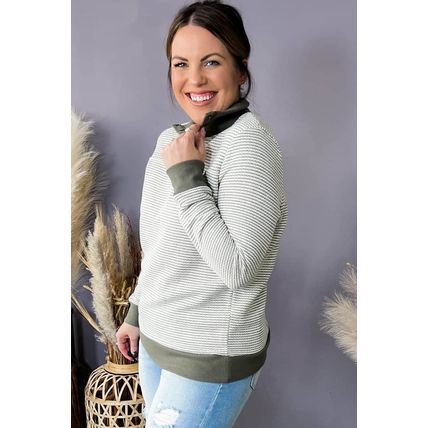 Green Striped Contrasting Trim Plus Size Henley Pullover