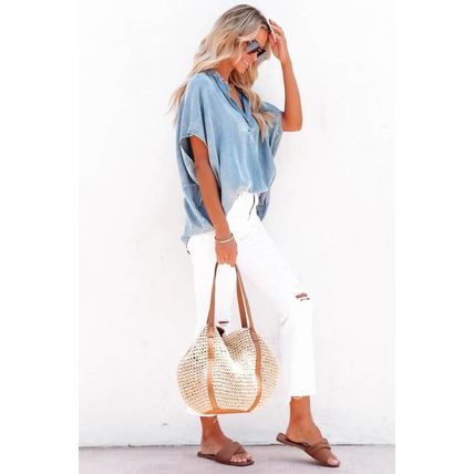 Sky Blue Split V Neck Oversized Denim Blouse