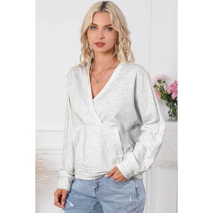 Gray Contrast Trim V Neck Wrap Sweatshirt with Pocket
