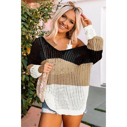Black Color Block Eyelet Long Sleeve Twisted Back Knit Top