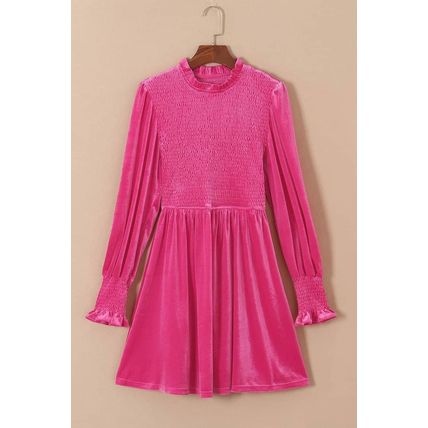 Rose Frilled Neck Smocked Bodice Velvet Dress
