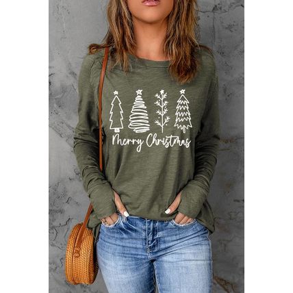 Green Merry Christmas Trees Thumbhole Sleeve Graphic Tee