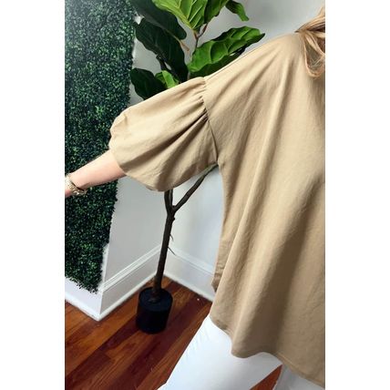 Light French Beige Solid Color Lantern Sleeve Drop Shoulder Blouse