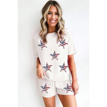 White Waffle Sequin American Flag Star Pattern 2Pcs Shorts Set