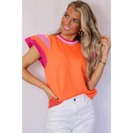 Carrot Contrast Flutter Sleeves Knitted Sweater T Shirt