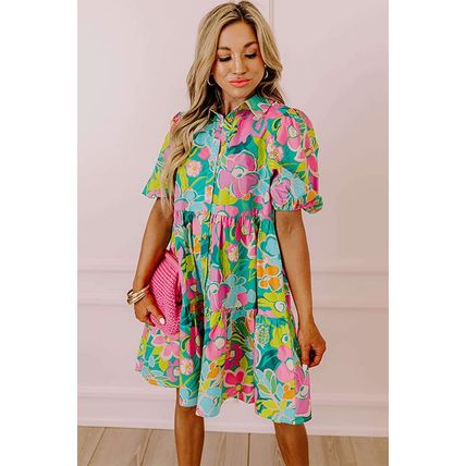 Green Floral Puff Sleeve Collar Buttoned Babydoll Dress
