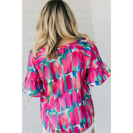 Rose Plus Brushstroke Ruffle Sleeve Button V Neck Blouse