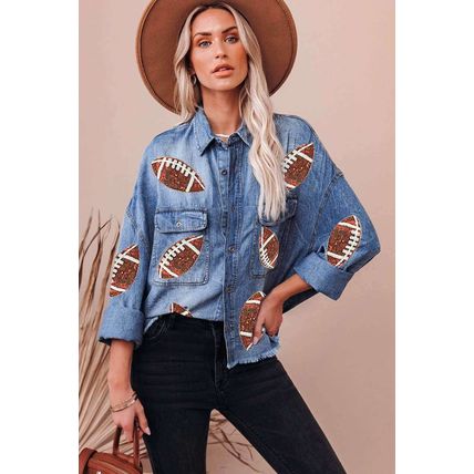Sky Blue Sequin Rugby Graphic Flap Pockets Raw Hem Game Day Denim Jacket