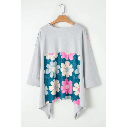 Green Plus Size Flower Patchwork Exposed Seam High Low Top