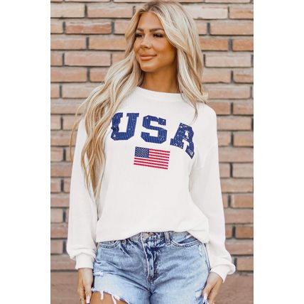 White USA Flag Corded Graphic Sweatshirt