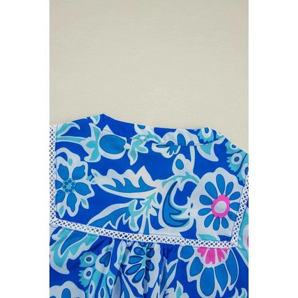 Blue Mix Floral Printed Lace Detail Bracelet Sleeve Blouse