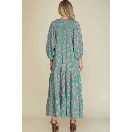 Green Abstract Print Puff Sleeve Tied Notched Neck Long Dress