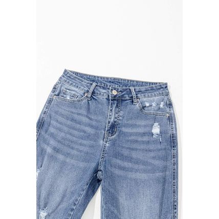 Dusk Blue High Rise Ripped Distressed Hem Flared Jeans