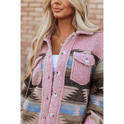 Pink Western Aztec Print Sherpa Splicing Buttoned Flap Pocket Coat