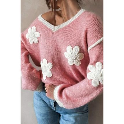 Pink Flower V Neck Dropped Shoulder Sweater