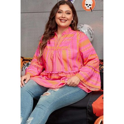 Vitality Orange Plus Size Geometric Embroidered Bell Sleeve Babydoll Blouse