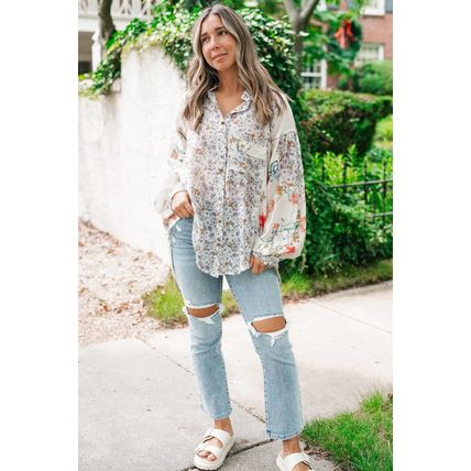 Purple Boho Floral Bishop Sleeve Button Up Loose Shirt