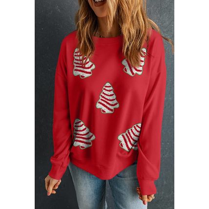 Red Playful Christmas Tree Patched Dropped Shoulder Sweatshirt