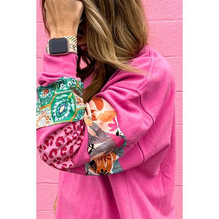 Sachet Pink Mixed Print Patch Drop Shoulder Pullover Top