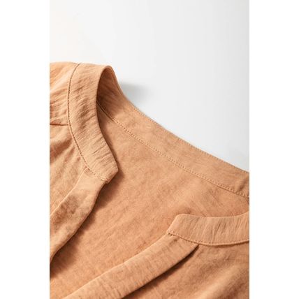 Straw Yellow Solid Color Shirred Cuff Notch V Neck Blouse