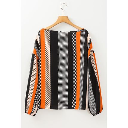 Orange Polka Dot Vertical Striped Printed Puff Sleeve Blouse