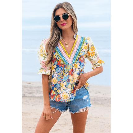 Multicolour Crochet V Neck Half Sleeve Boho Floral Blouse