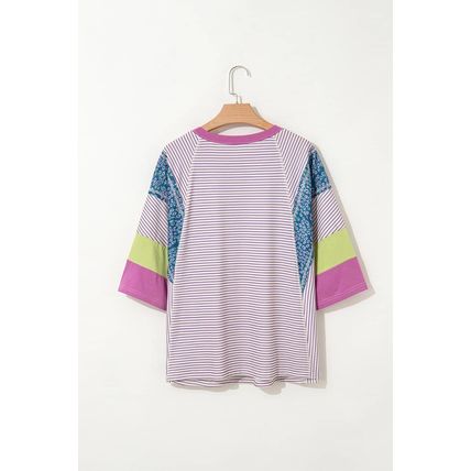 Purple Stripe Floral Color Block Raw Edge Patchwork Bracelet Sleeve Blouse