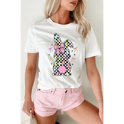 White Bowknot Checkerboard Bunny Graphic Easter T Shirt