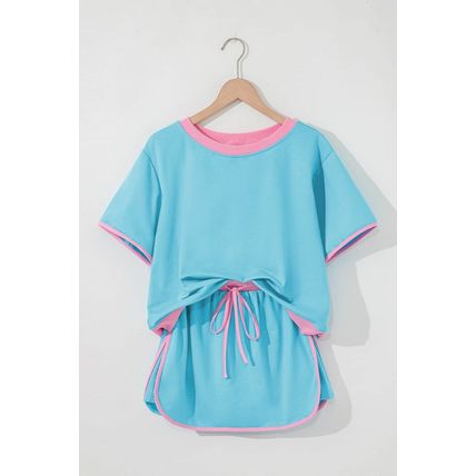 Turquoise Colorblock Edge Drop Shoulder T Shirt and Skort 2Pcs Set