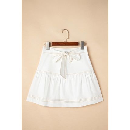 White Contrast Stitching Trim Knotted High Waist A-Line Mini Skirt