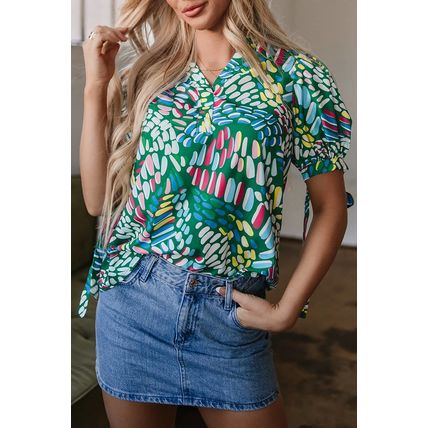 Green Brushwork Geometric Print Puff Sleeve Notched Neck Blouse