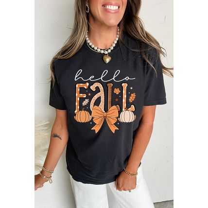 Black Hello Fall Thanksgiving Bow Pumpkin Graphic Tee