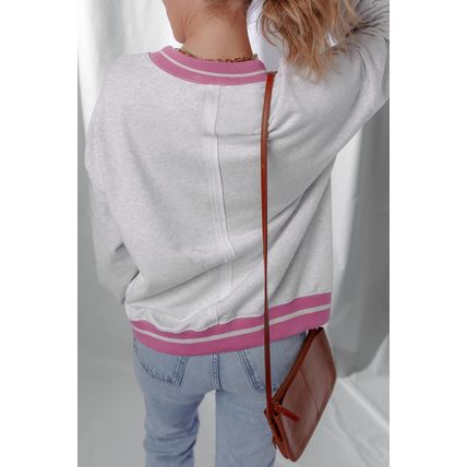 Gray Flower Patch Contrast Trim Crew Neck Sweatshirt