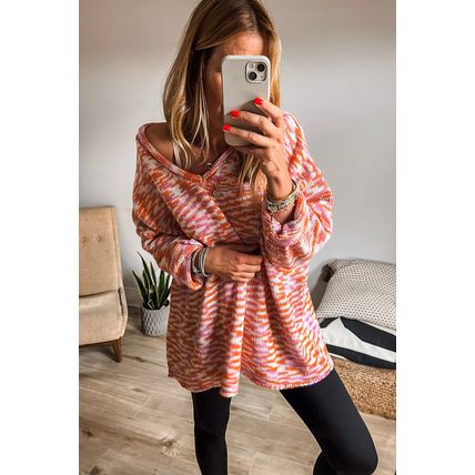 Orange Vibrant Abstract Print Drop Shoulder V Neck Tunic Oversized Sweater