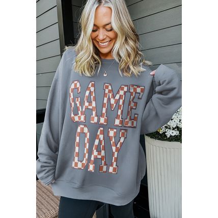 Sleet GAME DAY Checkered Letter Graphic Oversize Sweatshirt