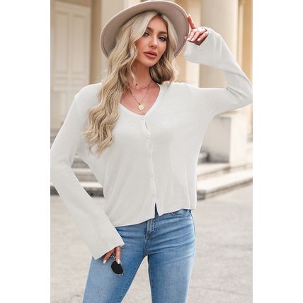 White Lightweight V Neck Button Front Bell Sleeve Cardigan Sweater