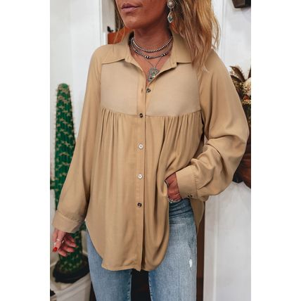 Light French Beige Waffle Patchwork Button Up Frayed Hem Shirt