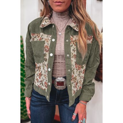 Sage Green Ribbed Retro Floral Patchwork Shirt Style Jacket